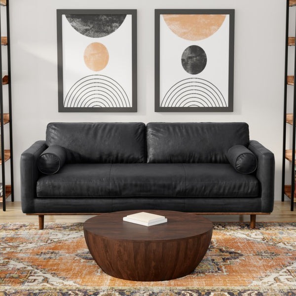 HomeRoots 89" Black Leather Sofa - Luxurious Mid-Century Design with Brown Legs, Roomy Comfort & Support 641000