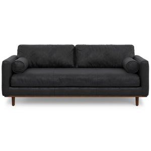 HomeRoots 89" Black Leather Sofa - Luxurious Mid-Century Design with Brown Legs, Roomy Comfort & Support 641000