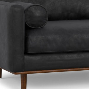 HomeRoots 89" Black Leather Sofa - Luxurious Mid-Century Design with Brown Legs, Roomy Comfort & Support 641000