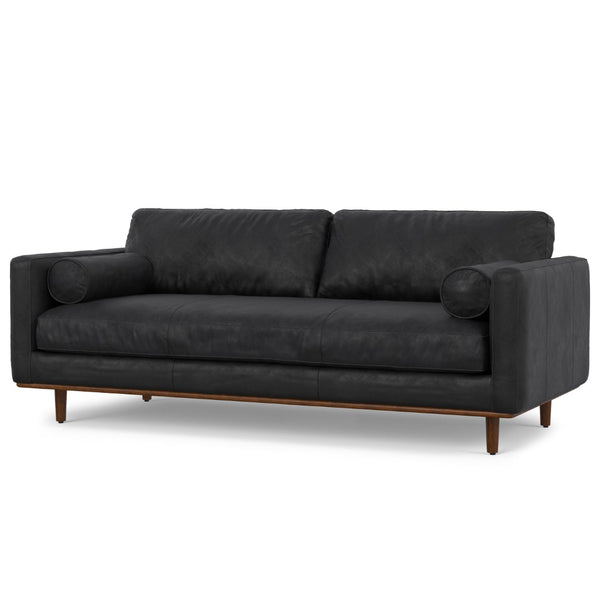 HomeRoots 89" Black Leather Sofa - Luxurious Mid-Century Design with Brown Legs, Roomy Comfort & Support 641000