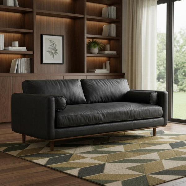 HomeRoots 89" Black Leather Sofa - Luxurious Mid-Century Design with Brown Legs, Roomy Comfort & Support 641000
