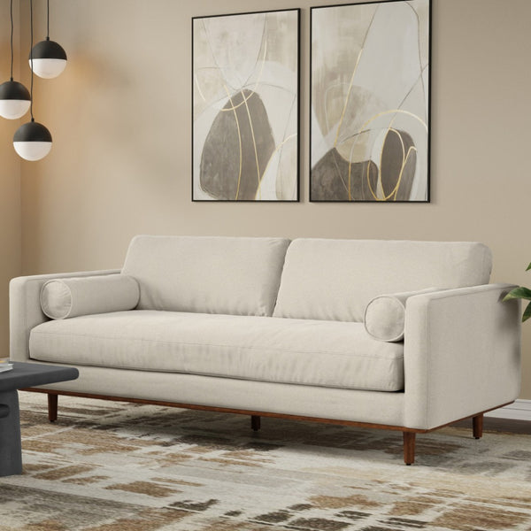 HomeRoots 89" Cream Fabric Sofa - Mid-Century Modern Charm with Brown Legs, Stylish Comfort for Any Room 641002