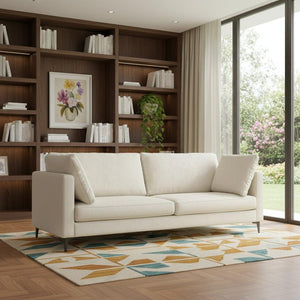 HomeRoots 90" Cream Fabric Sofa – Mid-Century Modern Design with Black Metal Legs for Stylish Comfort & Durability 641003
