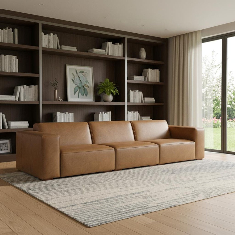 HomeRoots 122" Brown Leather Modular Wood Sofa - Luxurious Comfort, Stylish Design & Versatile Configuration Options 641008