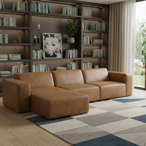 HomeRoots 122" Brown Leather Modular Sofa - Luxurious Comfort, Durable Design & Versatile Layout for Any Space 641017