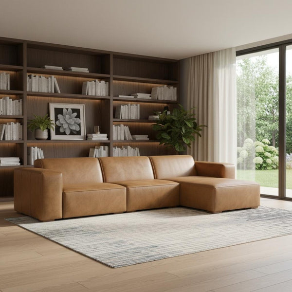 HomeRoots 122" Brown Leather Modular Wood Sofa - Luxurious Comfort, Modern Design & Versatile Seating Solution 641023