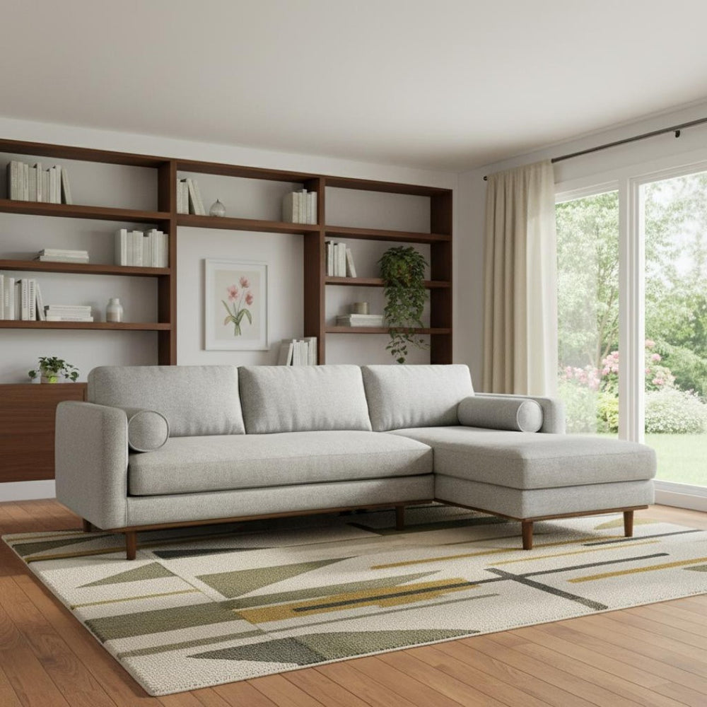 HomeRoots 102" Gray Fabric Sofa with Brown Legs - Mid-Century Modern Design for Comfortable, Elegant Living Spaces 641040