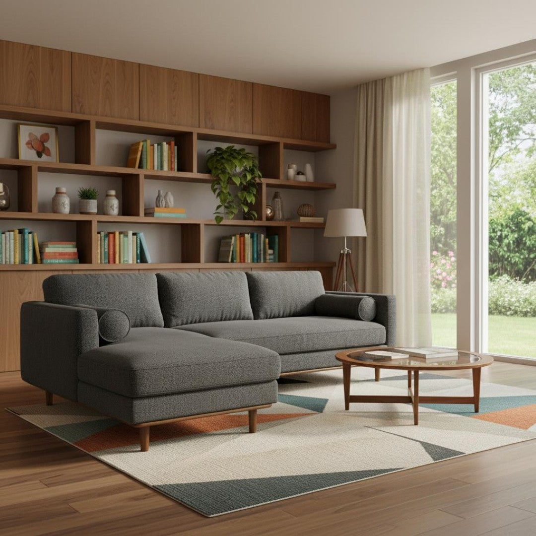 HomeRoots 102" Gray Fabric Sofa - Mid-Century Modern Elegance with Tufted Back & Brown Legs for Comfort 641041
