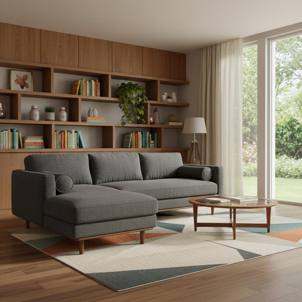 HomeRoots 102" Gray Fabric Sofa - Mid-Century Modern Elegance with Tufted Back & Brown Legs for Comfort 641041