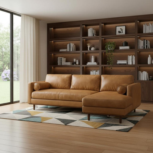 HomeRoots 102" Sienna Leather Sofa - Mid-Century Modern Design with Tufted Back & Brown Legs for Luxe Comfort 641045