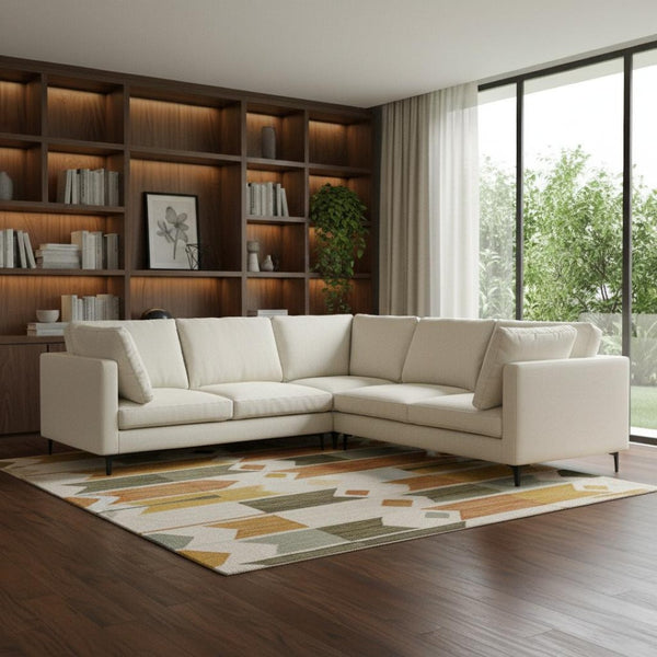 HomeRoots 102" Cream Fabric Sofa - Mid-Century Modern Design with Removable Cushions & Sturdy Black Legs 641046