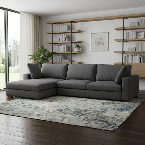 HomeRoots 122" Gray Fabric Sofa with Brown Legs - Stylish L-Shaped Comfort for Modern Living Rooms and Gatherings 641047
