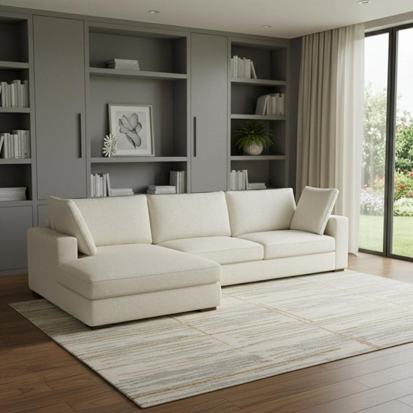 HomeRoots 122" Cream Fabric Sectional Sofa – Modern L-Shaped Design with Tufted Back & Brown Legs for Comfort 641048