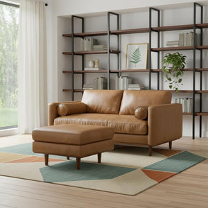 HomeRoots 72" Brown Leather Sofa with Ottoman – Mid-Century Modern Design, Comfort & Durability for Your Home 641052
