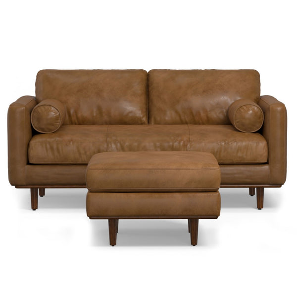 HomeRoots 72" Brown Leather Sofa with Ottoman – Mid-Century Modern Design, Comfort & Durability for Your Home 641052