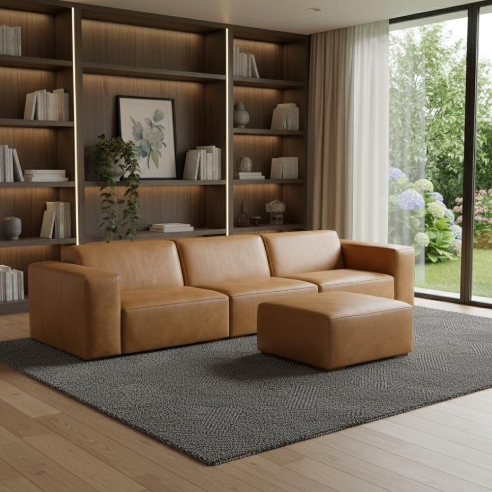 HomeRoots 122" Sienna Leather Sofa with Ottoman - Luxurious, Durable Comfort for Modern Living Spaces 641056