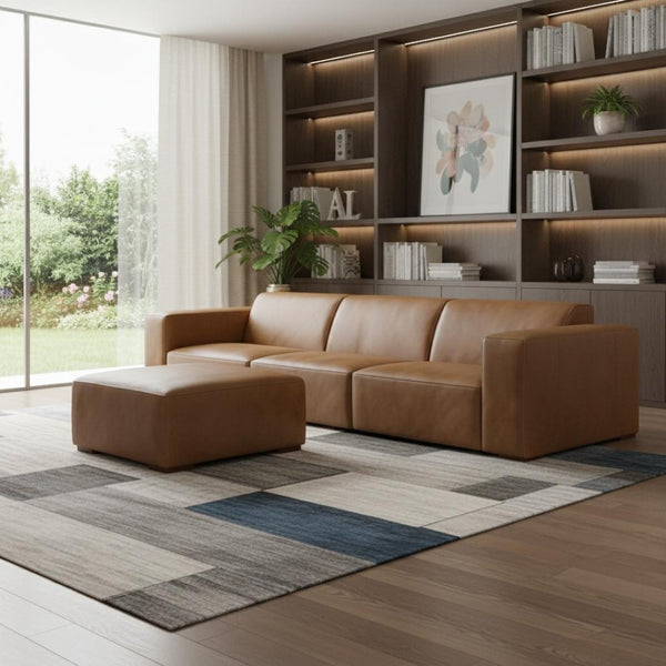 HomeRoots 122" Brown Leather Sofa with Ottoman - Elegant Design, Durable Comfort & Versatile Seating Solution! 641057