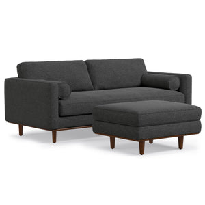 HomeRoots 89" Gray Fabric Sofa with Ottoman - Mid-Century Style, Tufted Back, Brown Legs for Modern Living Spaces 641058