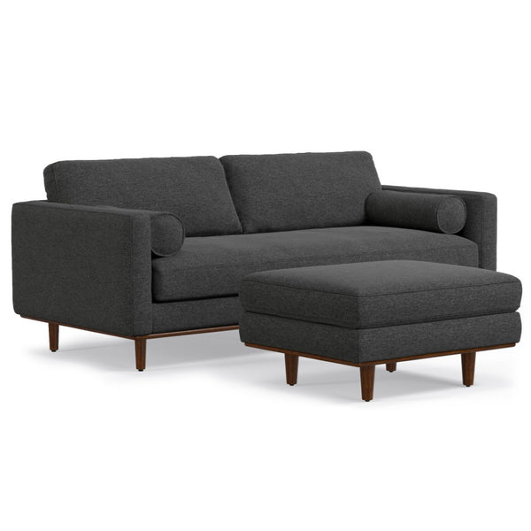 HomeRoots 89" Gray Fabric Sofa with Ottoman - Mid-Century Style, Tufted Back, Brown Legs for Modern Living Spaces 641058