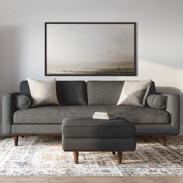 HomeRoots 89" Gray Fabric Sofa with Ottoman - Mid-Century Style, Tufted Back, Brown Legs for Modern Living Spaces 641058