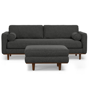 HomeRoots 89" Gray Fabric Sofa with Ottoman - Mid-Century Style, Tufted Back, Brown Legs for Modern Living Spaces 641058