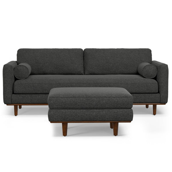 HomeRoots 89" Gray Fabric Sofa with Ottoman - Mid-Century Style, Tufted Back, Brown Legs for Modern Living Spaces 641058