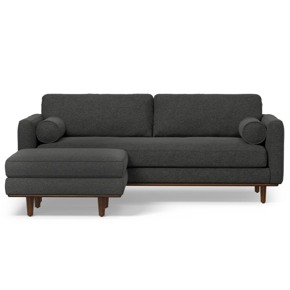 HomeRoots 89" Gray Fabric Sofa with Ottoman - Mid-Century Style, Tufted Back, Brown Legs for Modern Living Spaces 641058
