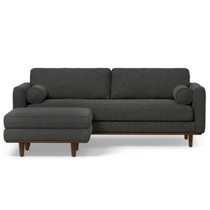 HomeRoots 89" Gray Fabric Sofa with Ottoman - Mid-Century Style, Tufted Back, Brown Legs for Modern Living Spaces 641058