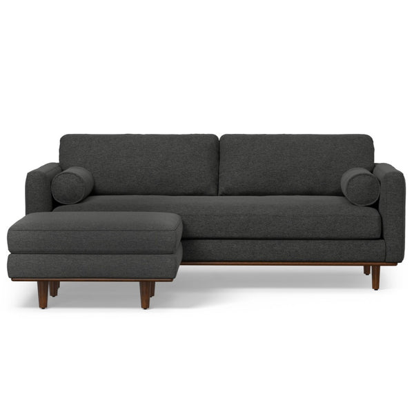 HomeRoots 89" Gray Fabric Sofa with Ottoman - Mid-Century Style, Tufted Back, Brown Legs for Modern Living Spaces 641058