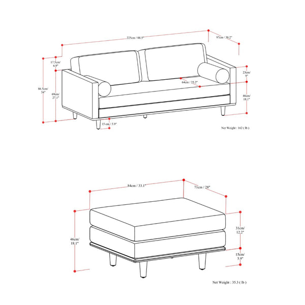 HomeRoots 89" Gray Fabric Sofa with Ottoman - Mid-Century Style, Tufted Back, Brown Legs for Modern Living Spaces 641058