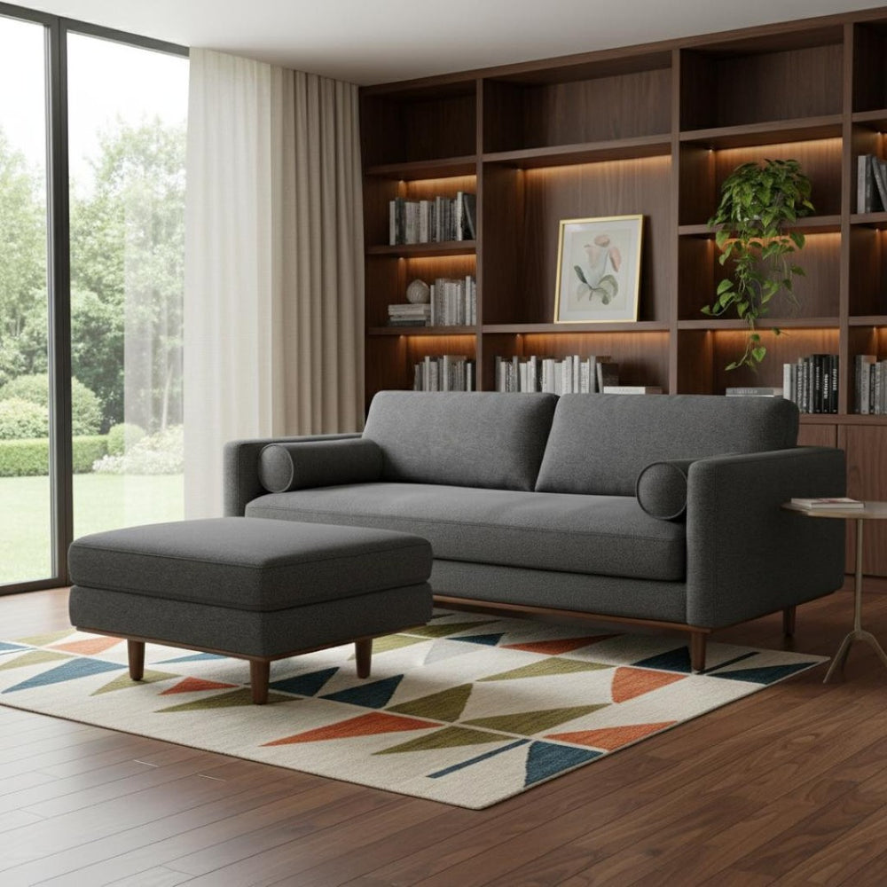 HomeRoots 89" Gray Fabric Sofa with Ottoman - Mid-Century Style, Tufted Back, Brown Legs for Modern Living Spaces 641058