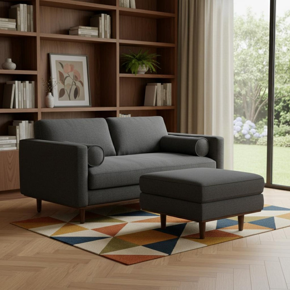 HomeRoots 72" Stylish Gray Fabric Sofa with Ottoman & Elegant Brown Legs - Mid-Century Comfort & Design 641060