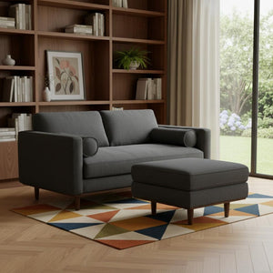 HomeRoots 72" Stylish Gray Fabric Sofa with Ottoman & Elegant Brown Legs - Mid-Century Comfort & Design 641060