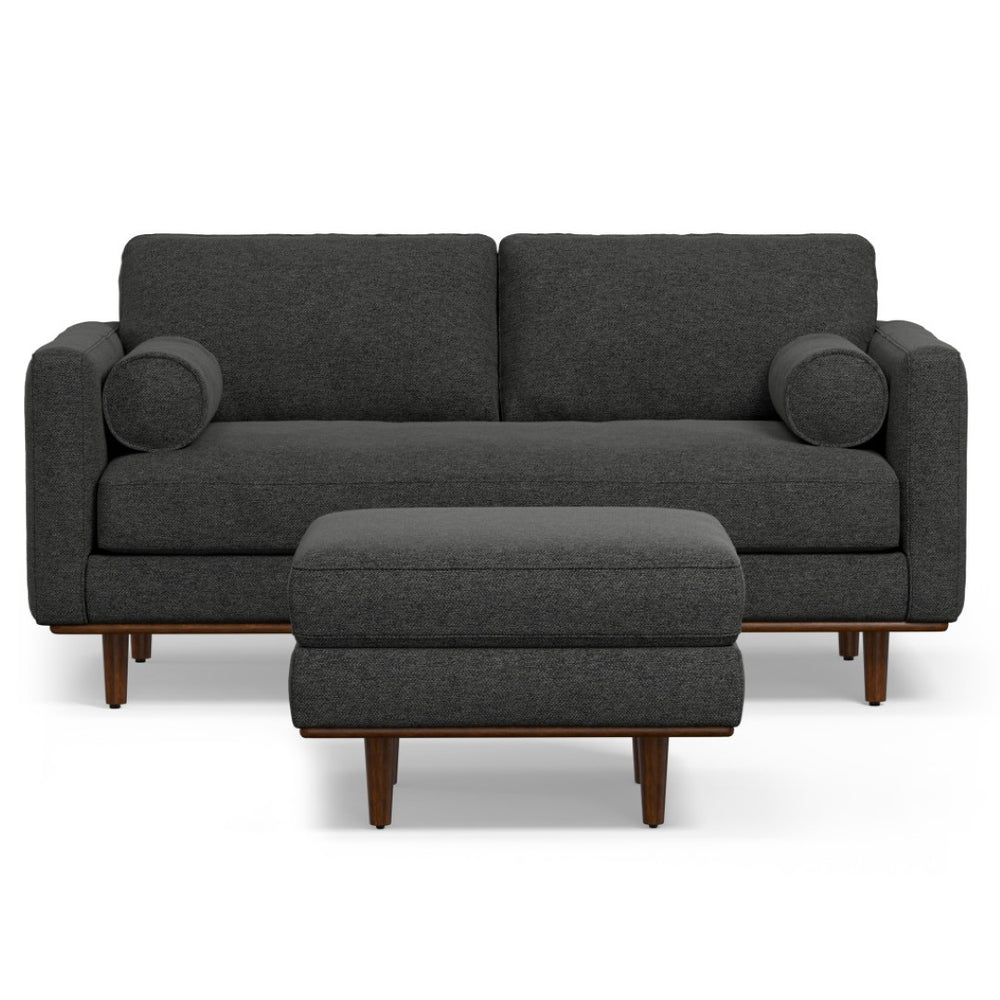 HomeRoots 72" Stylish Gray Fabric Sofa with Ottoman & Elegant Brown Legs - Mid-Century Comfort & Design 641060