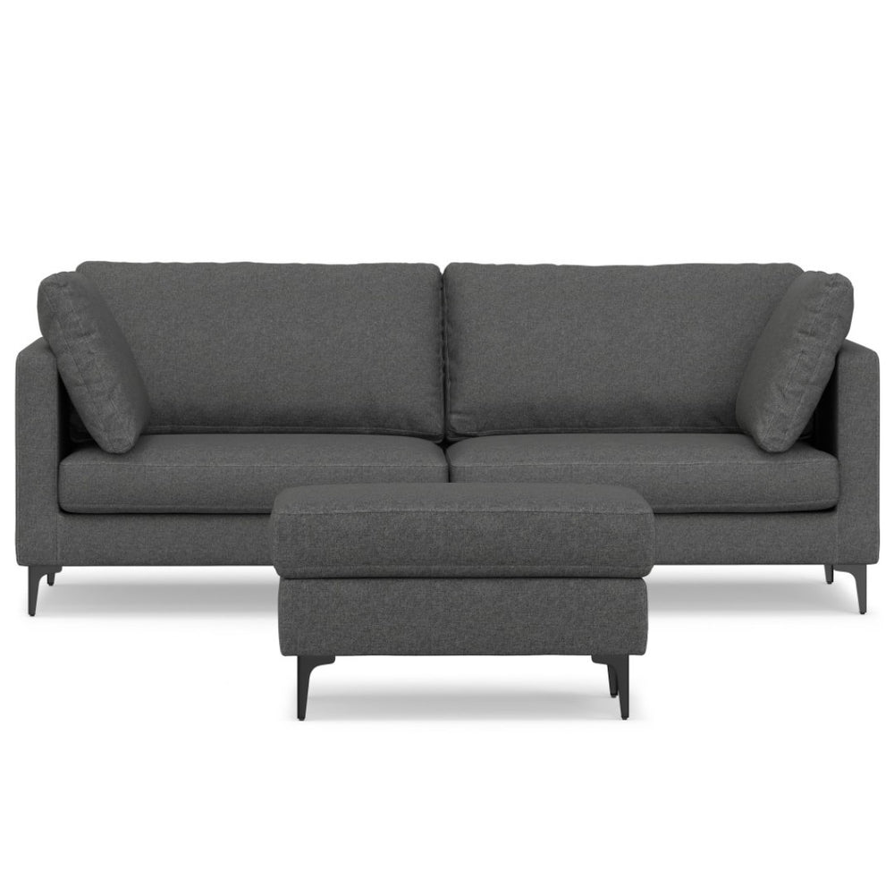 HomeRoots 90" Stylish Gray Fabric Sofa with Ottoman, Modern Black Legs, Mid-Century Design, Comfort & Durability 641062