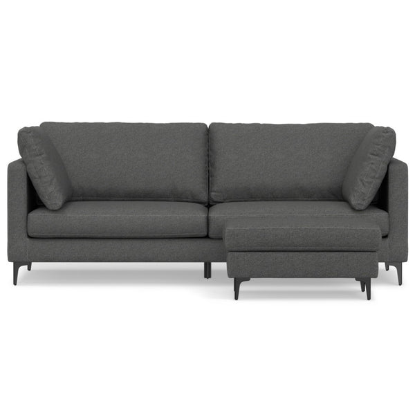 HomeRoots 90" Stylish Gray Fabric Sofa with Ottoman, Modern Black Legs, Mid-Century Design, Comfort & Durability 641062