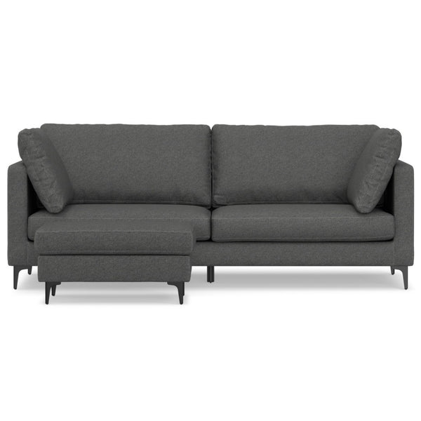 HomeRoots 90" Stylish Gray Fabric Sofa with Ottoman, Modern Black Legs, Mid-Century Design, Comfort & Durability 641062