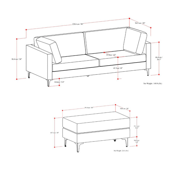 HomeRoots 90" Stylish Gray Fabric Sofa with Ottoman, Modern Black Legs, Mid-Century Design, Comfort & Durability 641062