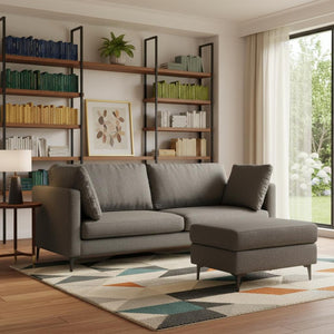 HomeRoots 90" Stylish Gray Fabric Sofa with Ottoman, Modern Black Legs, Mid-Century Design, Comfort & Durability 641062
