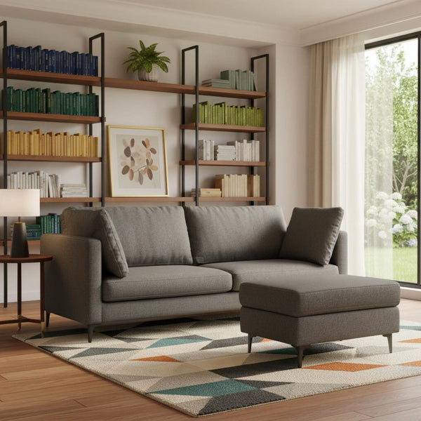HomeRoots 90" Stylish Gray Fabric Sofa with Ottoman, Modern Black Legs, Mid-Century Design, Comfort & Durability 641062