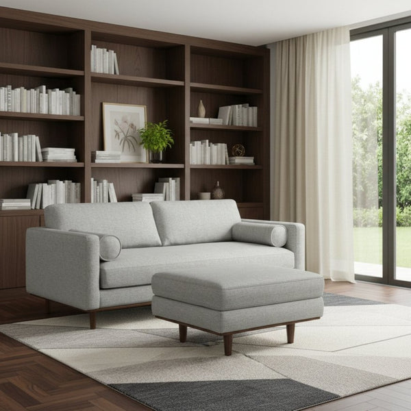 HomeRoots 89" Gray Fabric Sofa with Ottoman - Stylish Mid-Century Modern Design for Ultimate Comfort & Versatility 641064