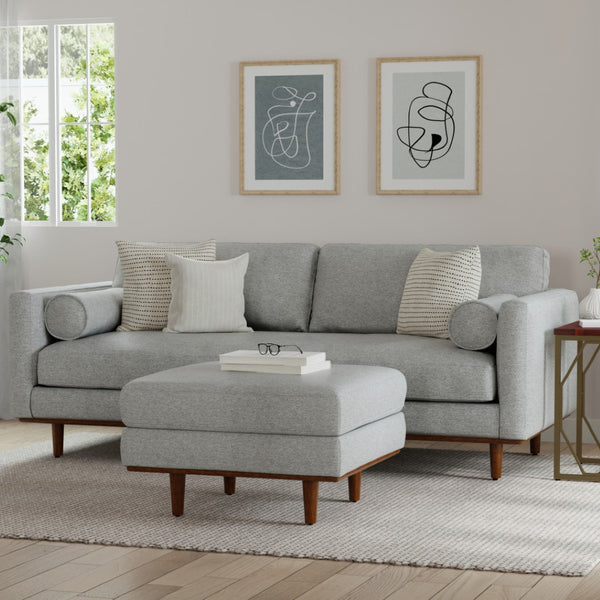 HomeRoots 89" Gray Fabric Sofa with Ottoman - Stylish Mid-Century Modern Design for Ultimate Comfort & Versatility 641064