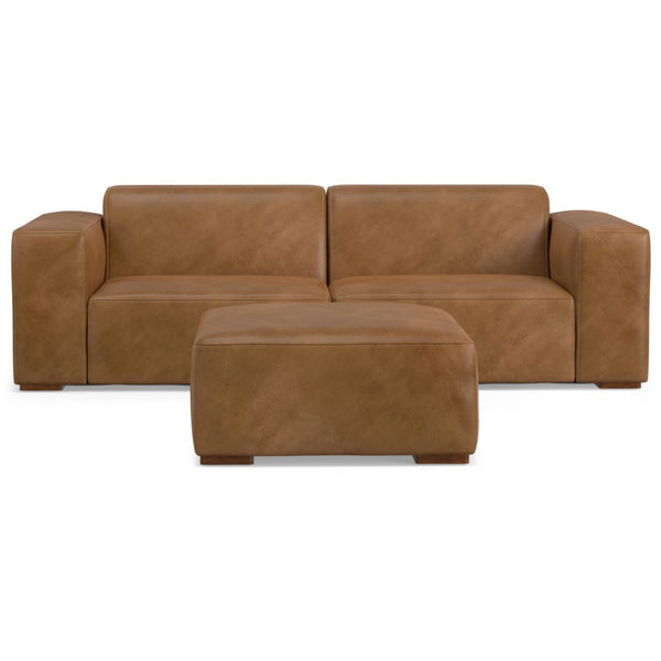 HomeRoots 88" Brown Leather Sofa with Ottoman - Luxurious Comfort, Modern Design, and Durable Construction for Your Home 641068