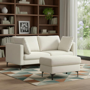 HomeRoots 76" Cream Fabric Sofa & Ottoman Set with Modern Black Legs - Stylish Comfort for Any Living Space 641069