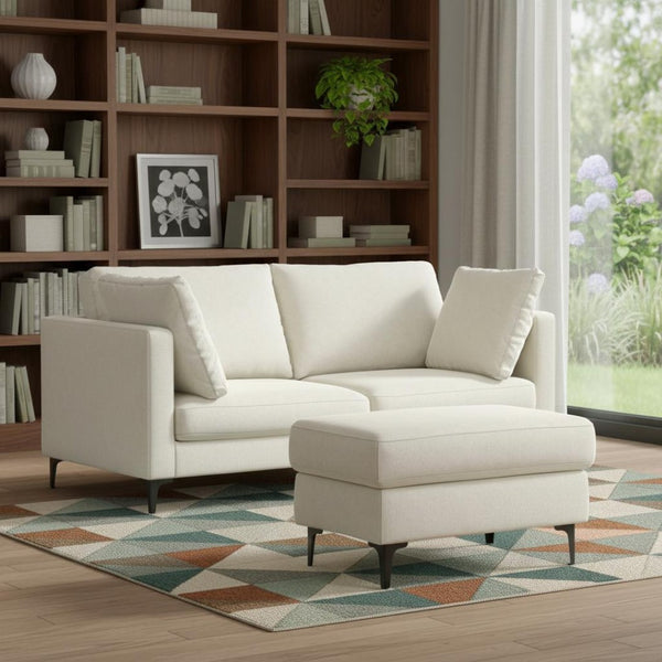HomeRoots 76" Cream Fabric Sofa & Ottoman Set with Modern Black Legs - Stylish Comfort for Any Living Space 641069
