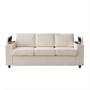 English Elm 81" Queen Sleeper Sofa with Pull Out Bed Storage Charging Ports and Cup Holders Beige W3705S00041
