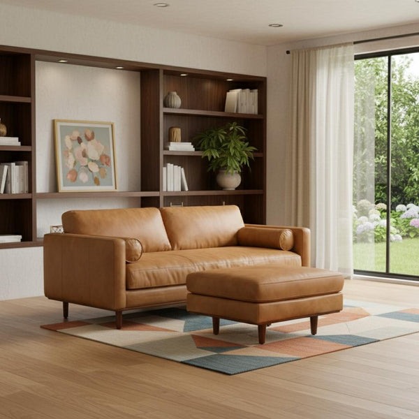 HomeRoots 89" Sienna Leather Sofa with Ottoman - Luxurious Mid-Century Design, Plush Comfort & Versatile Use 641070