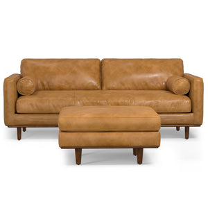 HomeRoots 89" Sienna Leather Sofa with Ottoman - Luxurious Mid-Century Design, Plush Comfort & Versatile Use 641070