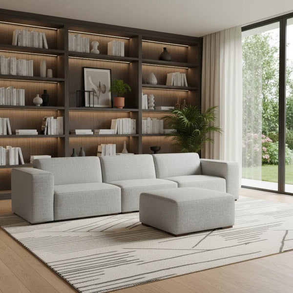 HomeRoots 122" Gray Fabric Sofa with Ottoman - Modern Design, Tufted Back, Durable Comfort for Any Space 641071