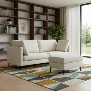 HomeRoots 90" Cream Fabric Sofa with Ottoman – Stylish Mid-Century Design, Black Legs, Comfort & Durability 641073